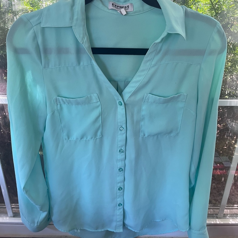 Express Green 3/4 Sleeve Notched Collar Blouse